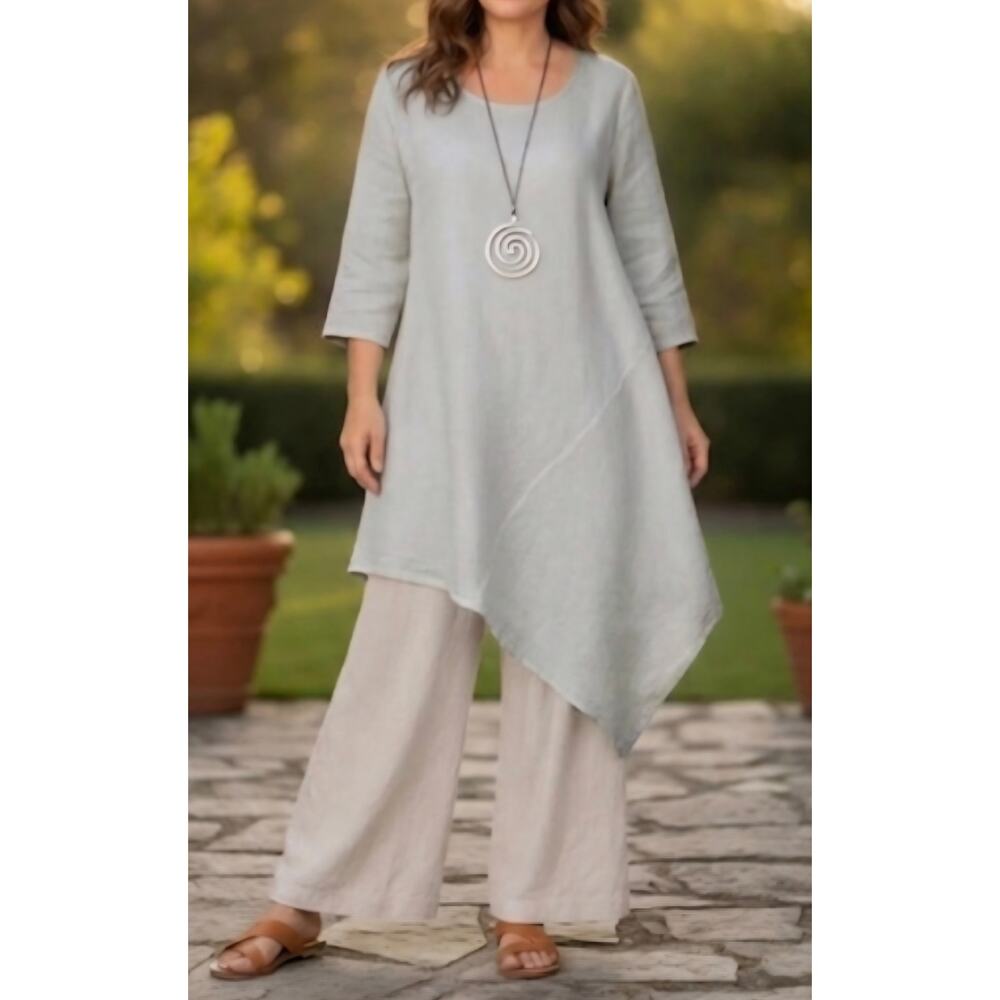 Bryn Walker Linen Dress XL Gray Asymmetrical Hem Tunic Lagenlook Coastal